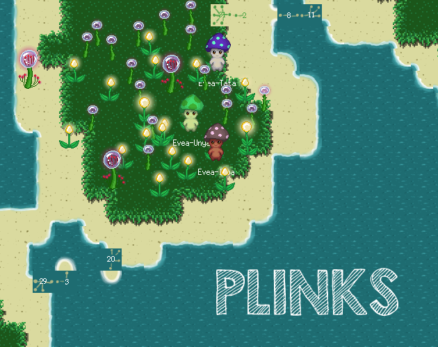 A pixel art scene from the game Plinks, showing three small mushroom-like creatures named Epar-Tata, Evea-Unya, and Evea-Ipa standing on a grassy island surrounded by ocean. The island is dotted with glowing yellow and purple flowers. Each Plink has unique colors, purple, green, and brown. On the bottom right, the game’s title “PLINKS” is written in large striped letters.