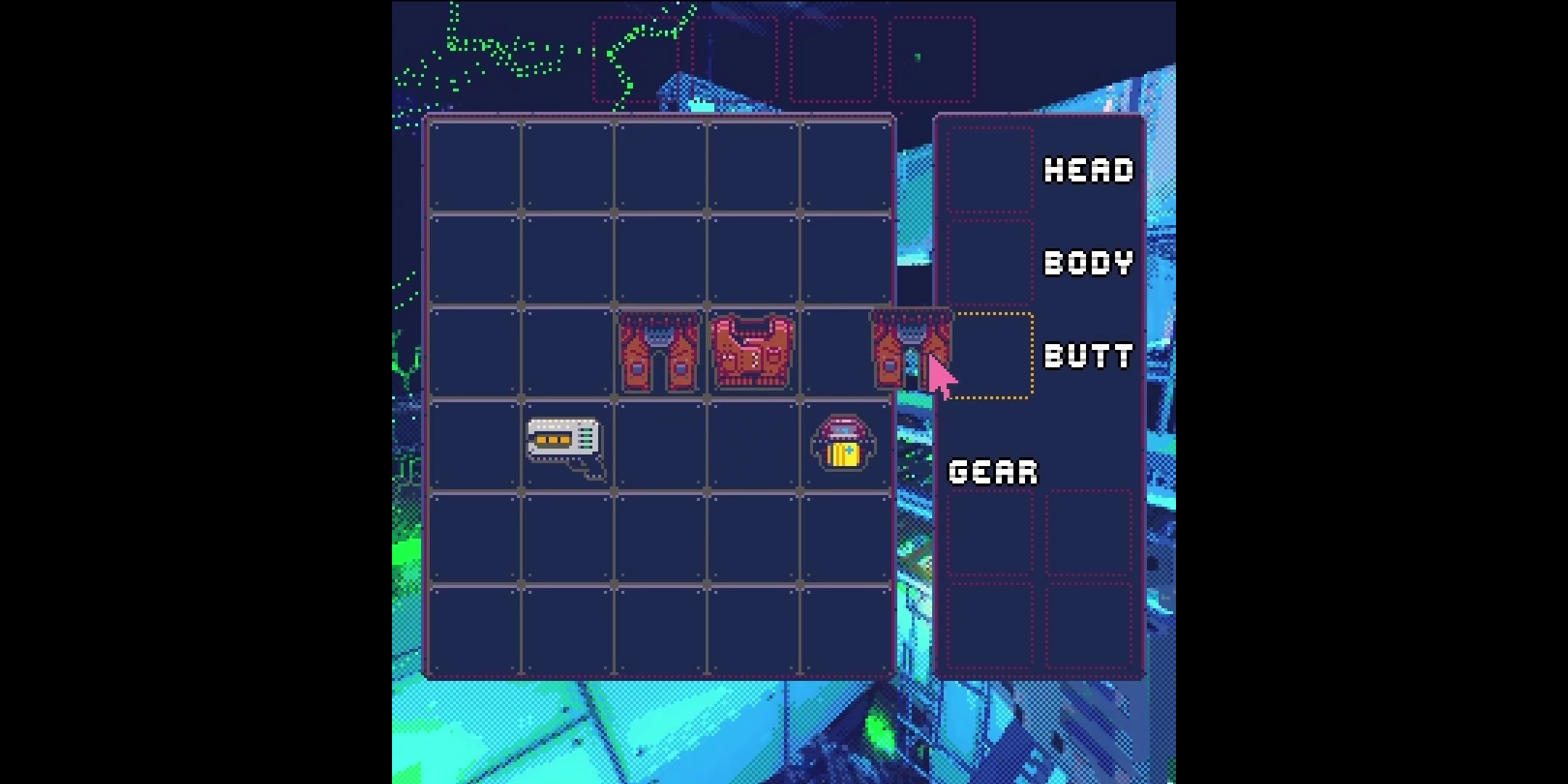 prototype inventory management window for Reconfigure. several items in an inventory grid, next to item slots named head, body, and butt.
