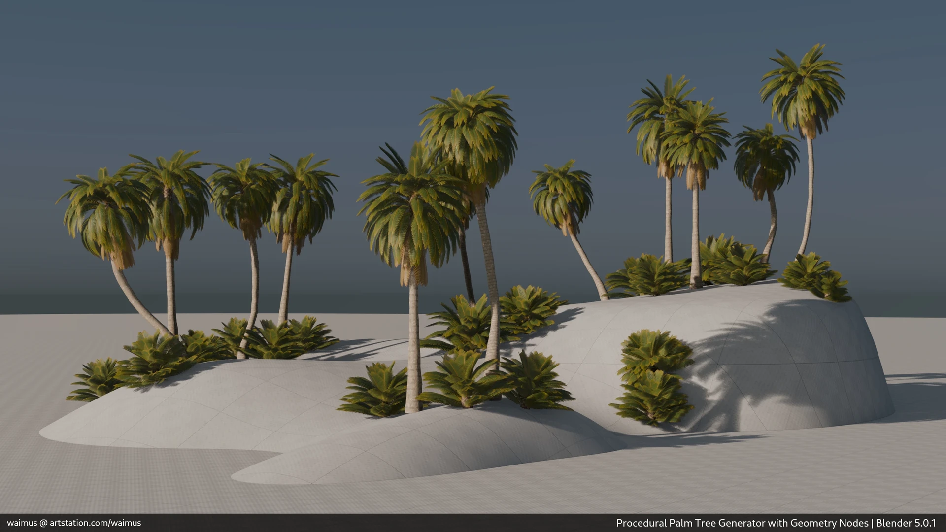 3D demo rendering of various sizes and shapes of palm trees on a simple polygon island.