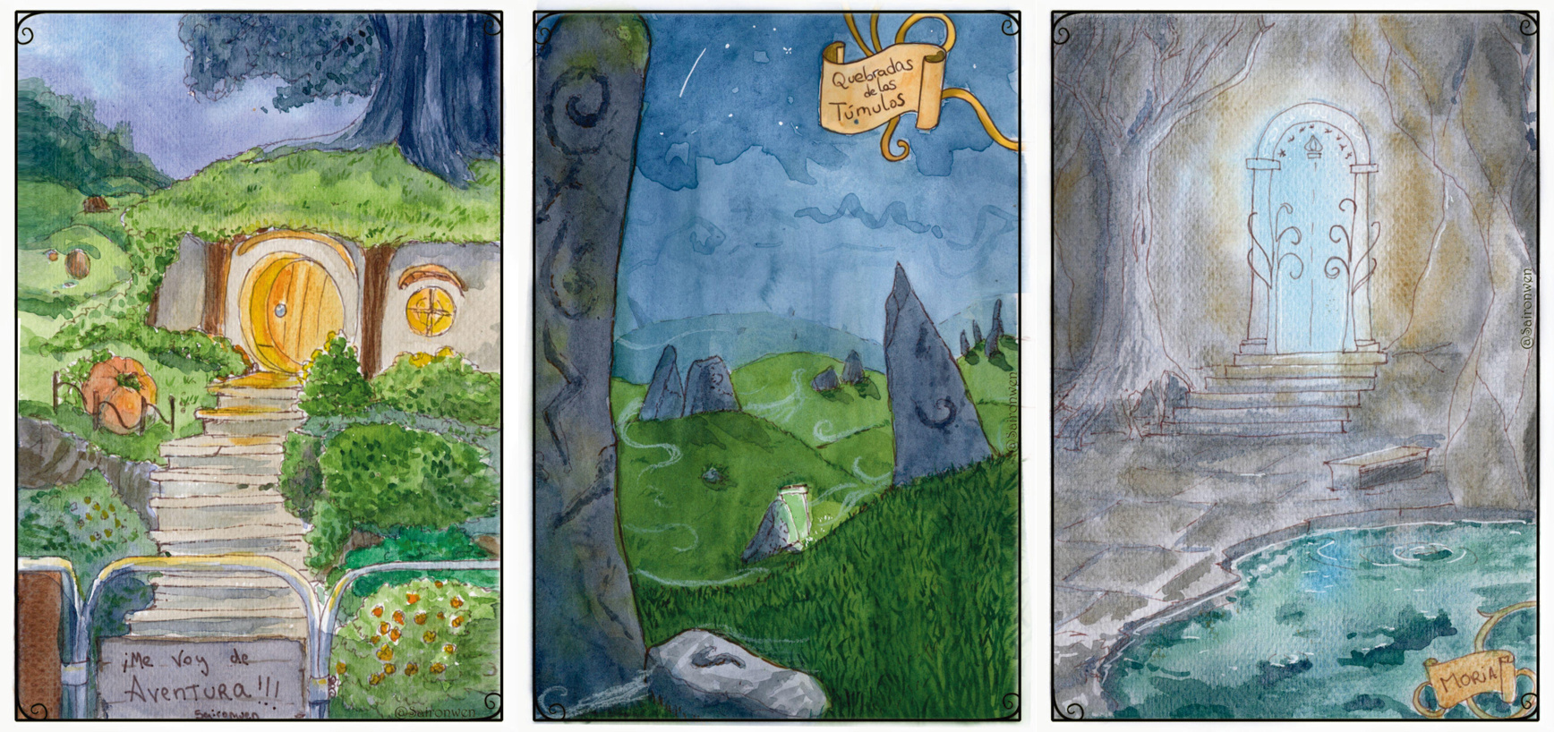 Three panels of vertical watercolour paintings inspired by The Lord Of The Rings: The Hobbit Hole, text reads in Spanish “I’m going on an adventure.”; The Barrow-downs; The Entrance To Moria.